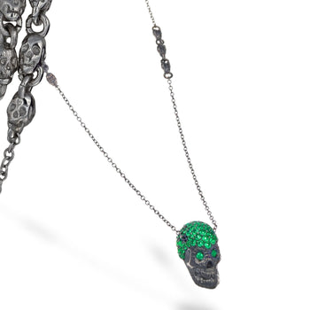 Black Pavé Skull XL Necklace With Green Stones