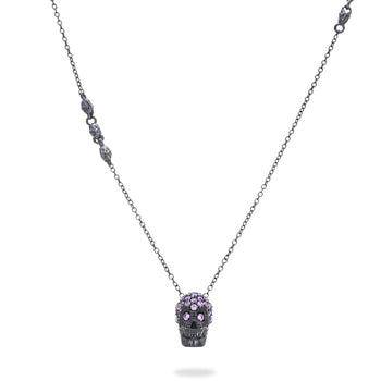 Black Pavé Skull Necklace With Violet Stones