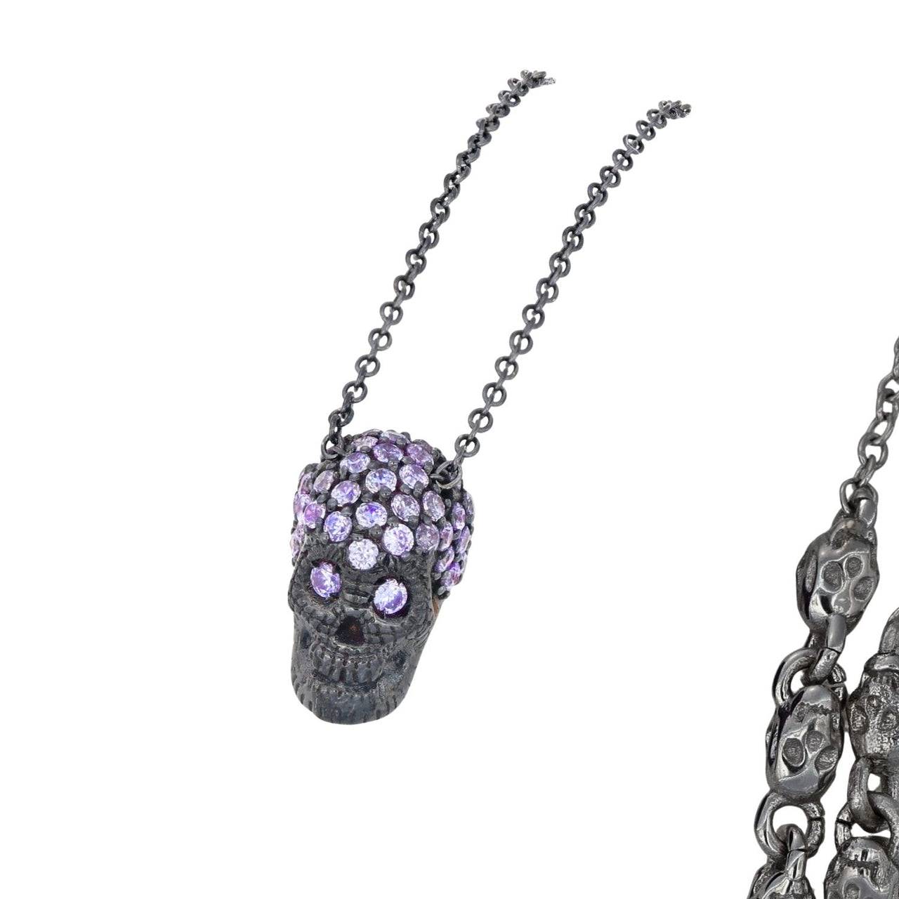 Black Pavé Skull Necklace With Violet Stones