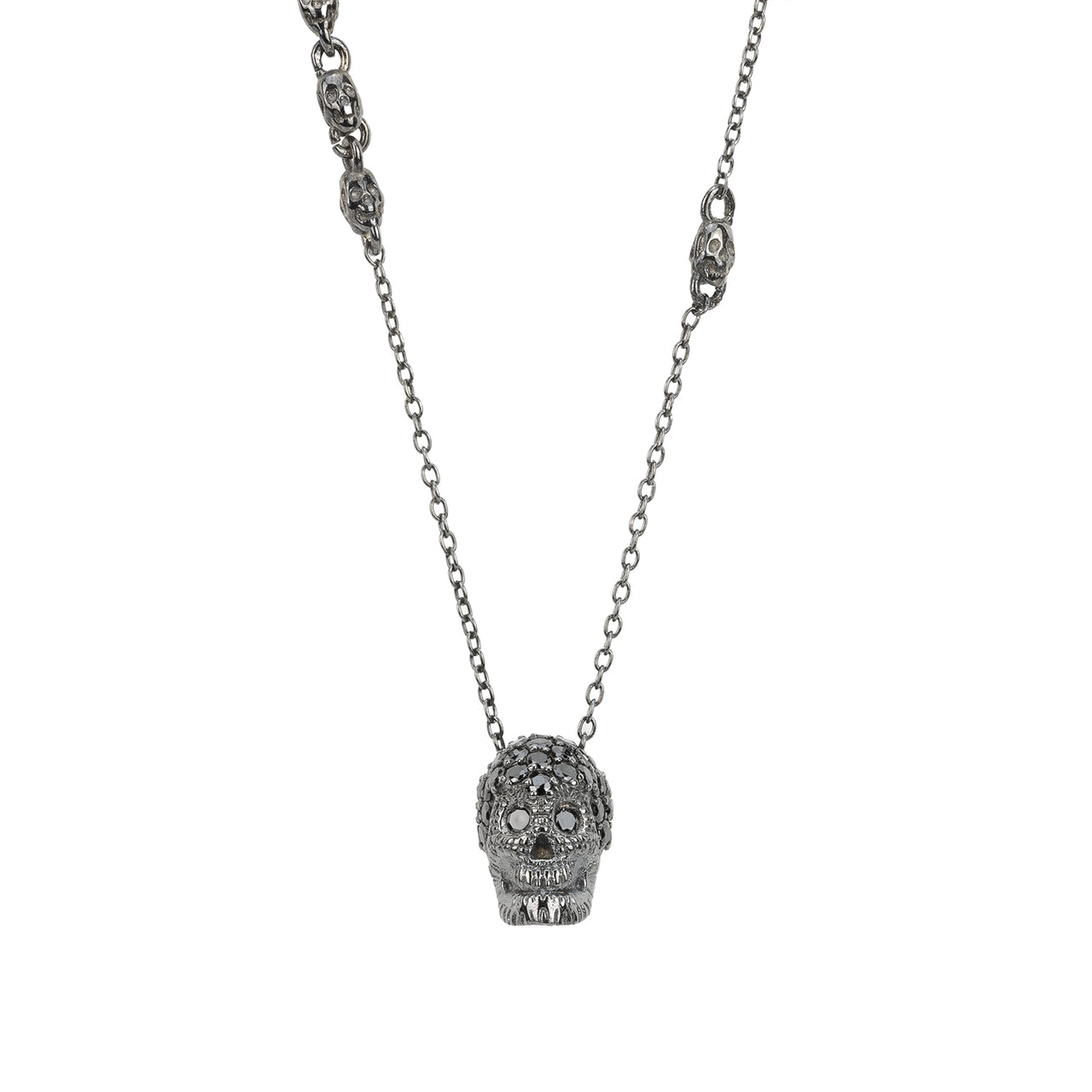 Black Pavé Skull Necklace With Black Stones