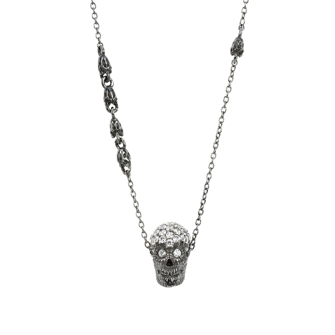 Black Pavé Skull Necklace With White Stones