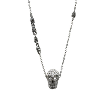 Black Pavé Skull Necklace With White Stones